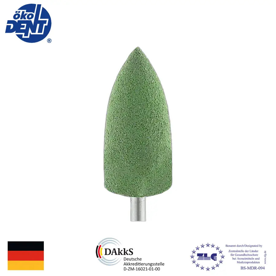 Gomas de Pulido para Acrílicos. Pieza de mano, Llama, Grano Grueso. Big Green. Odontología